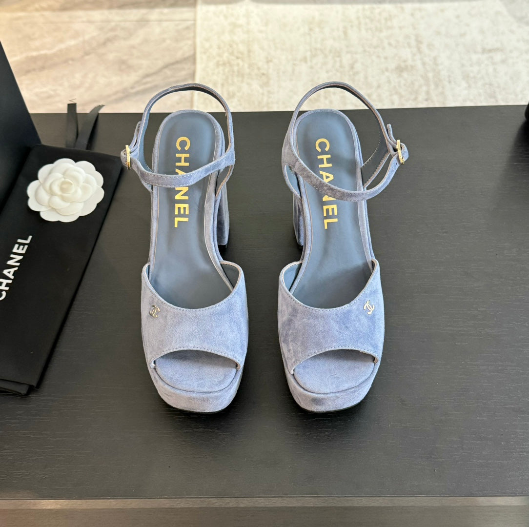High Heel Platform Sandals In Pigeon Blue Suede