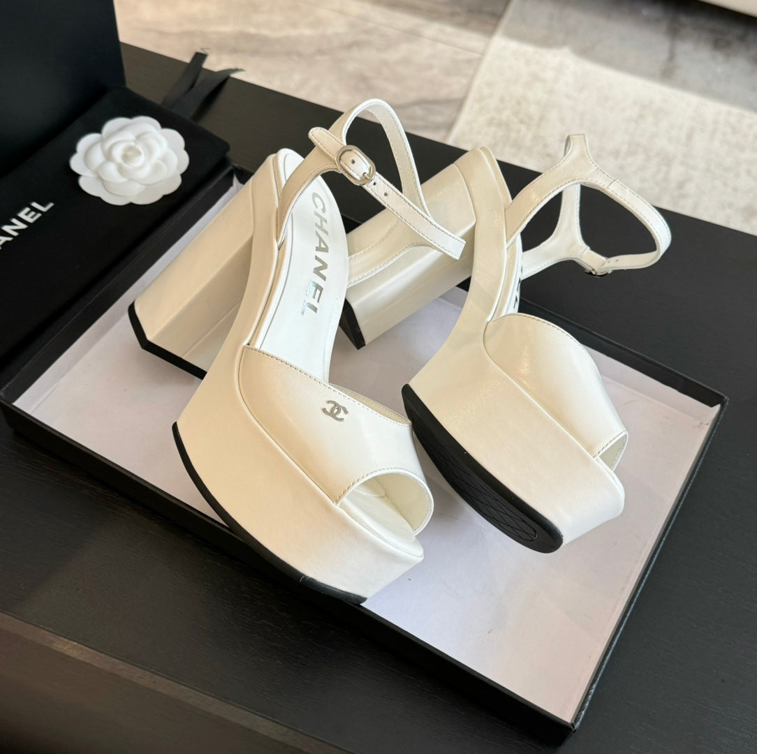 High Heel Platform Sandals In White Calfskin