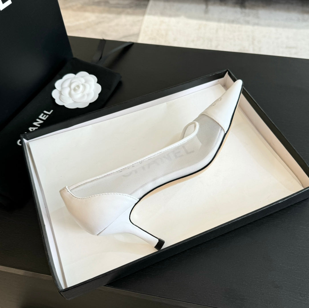 CC Pump 65 White Transparent Fabric Lambskin