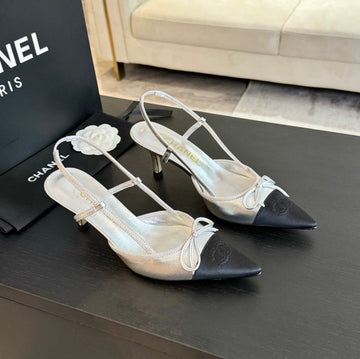 CC Slingbacks 65 Bow Silver Metalic Lambskin Black Grosgrain