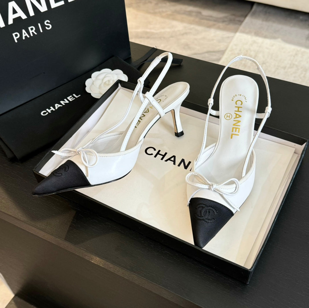 CC Slingbacks 65 Bow White Lambskin Black Grosgrain