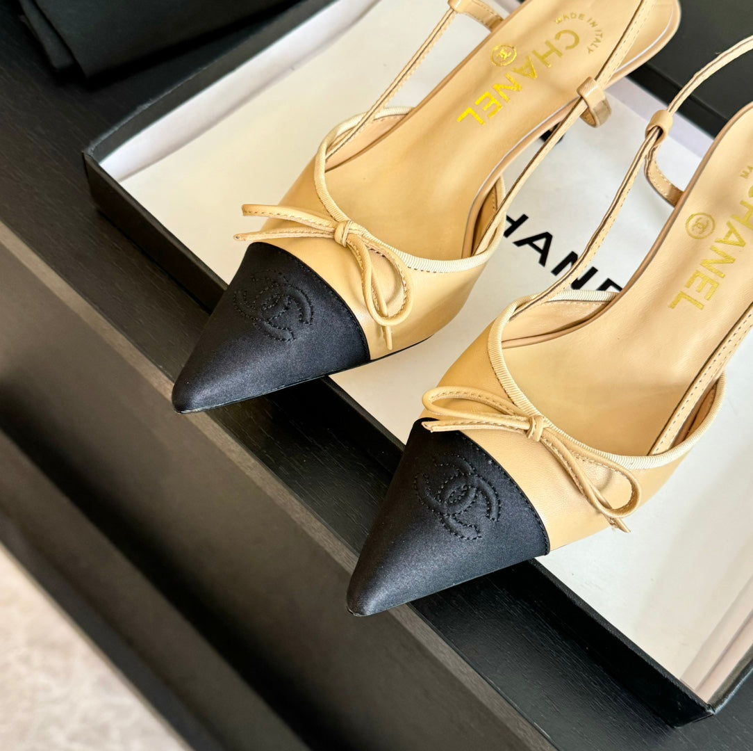 CC Slingbacks 65 Bow Beige Lambskin Black Grosgrain
