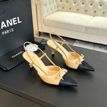 CC Slingbacks 65 Bow Beige Lambskin Black Grosgrain
