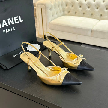 CC Slingbacks 65 Bow Gold Metalic Lambskin Black Grosgrain
