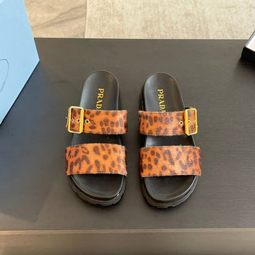 Pra Slides Sandals Black And Leopard Motif Velvet