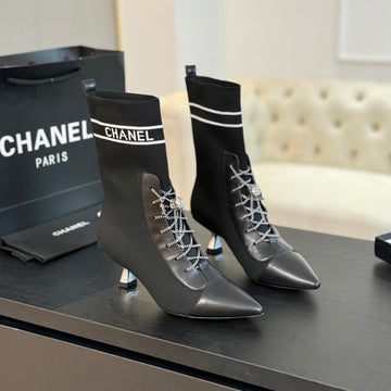 CC Ankle Boots Black Chain Wool And Lambskin