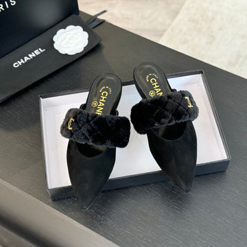 CC Mule In Black Smooth Fleece With Gold Hardware
