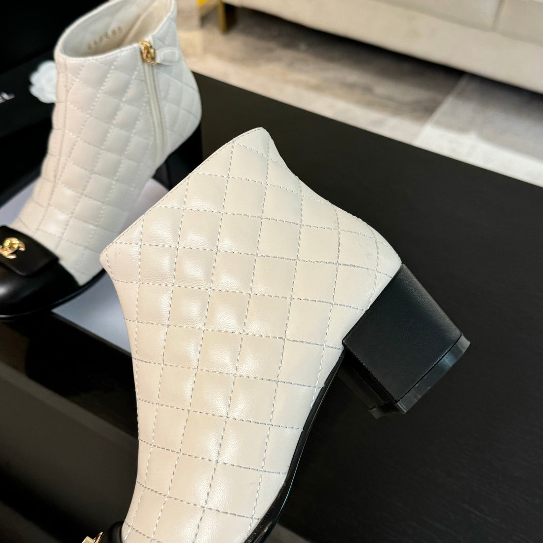 CC Ankle Boots 50MM White Black Quilted Lambskin