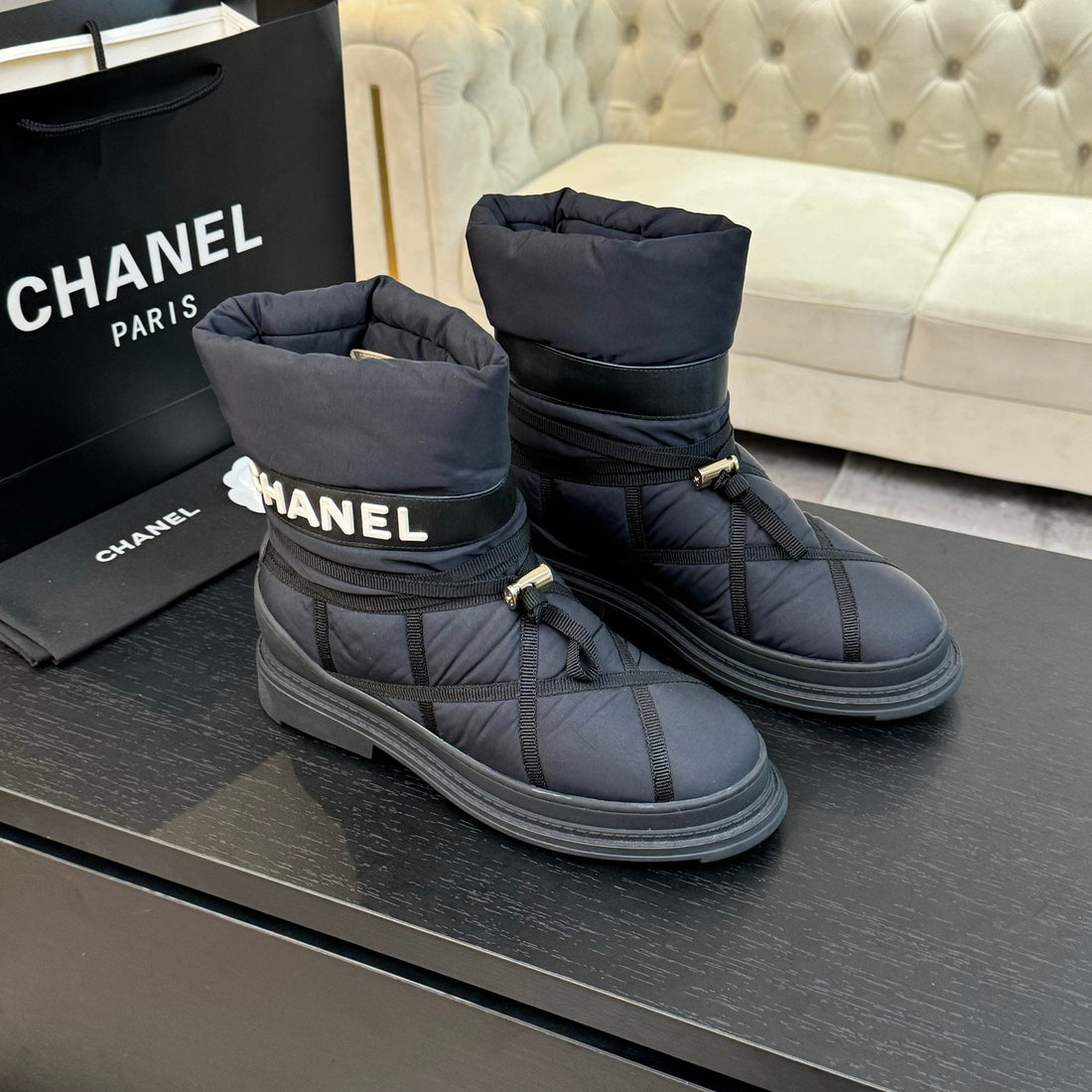CC Ankle Boots Grey Mix Black Wind Cloth Quilted