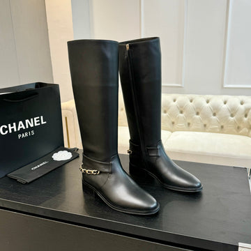 CC High Boots 30MM Plain Black Chain Cowhide