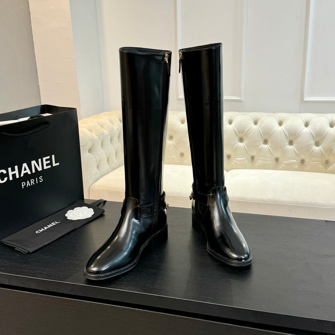 CC High Boots 30MM Glossy Black Chain Cowhide