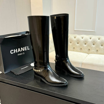 CC High Boots 30MM Glossy Black Chain Cowhide