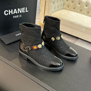 CC Short Boots Black Cowhide Mix Tweed Fabric