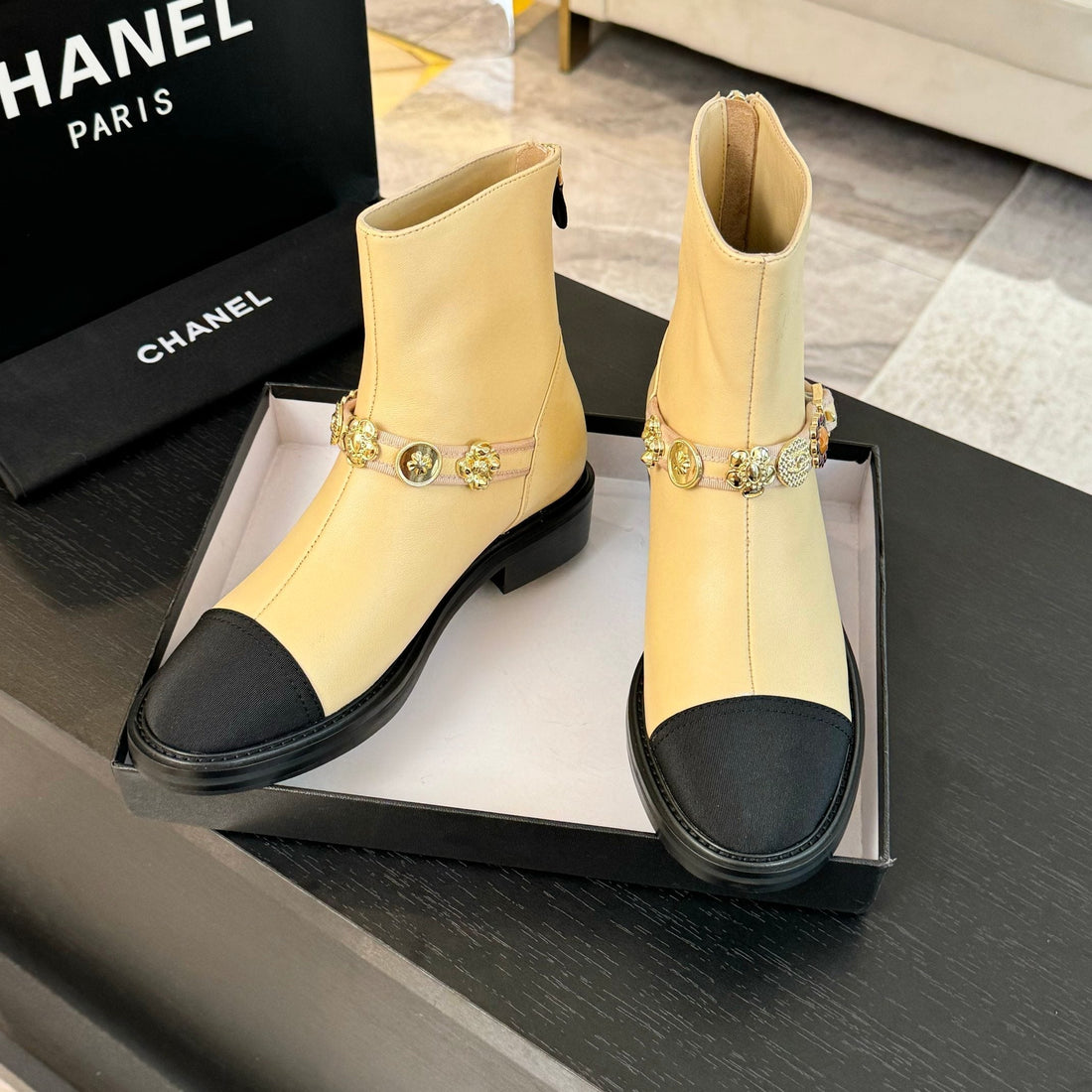 CC Short Boots Beige Cowhide Mix Fabric Denim