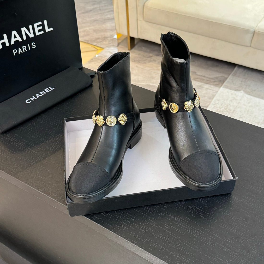 CC Short Boots Black Cowhide Mix Fabric Denim