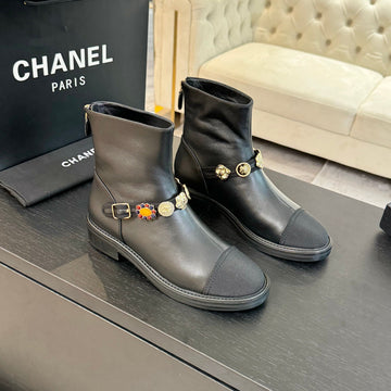 CC Short Boots Black Cowhide Mix Fabric Denim