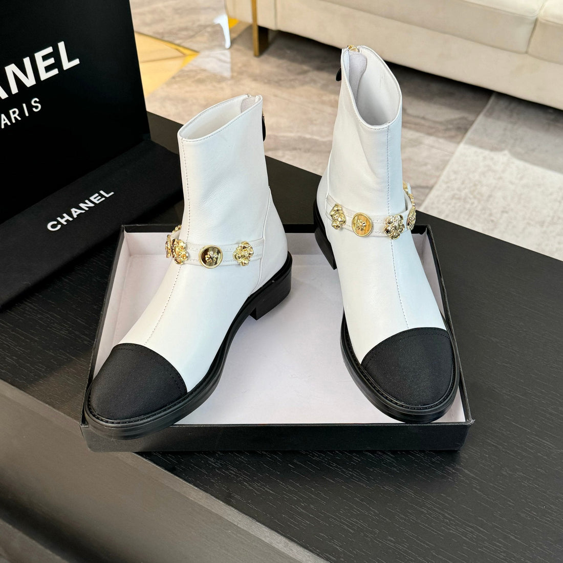 CC Short Boots White Cowhide Mix Fabric Denim