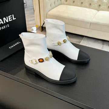 CC Short Boots White Cowhide Mix Fabric Denim