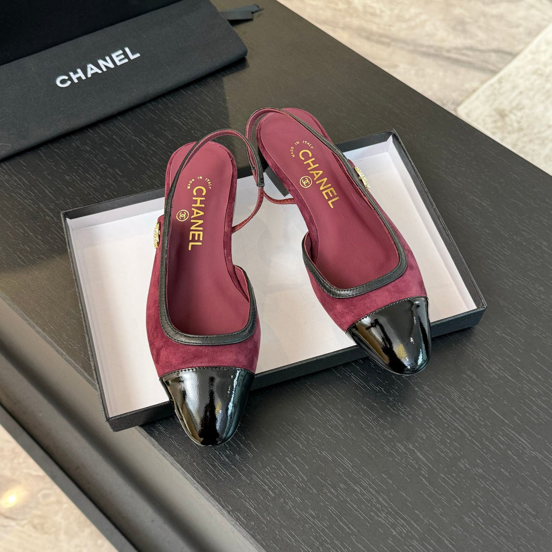 CC Slingback Black Dark Red Suede