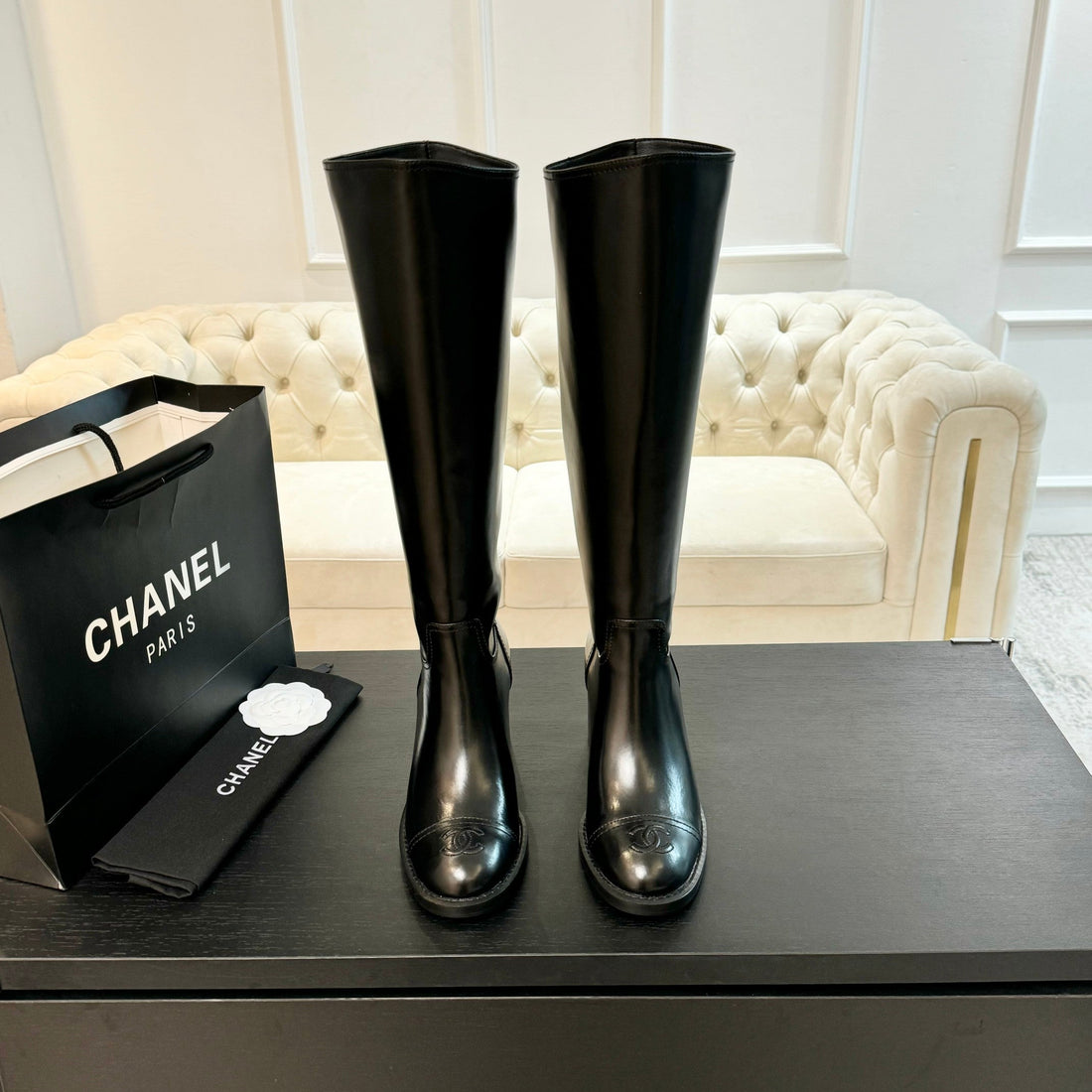 CC High Boots 75MM Plain Black Calfskin