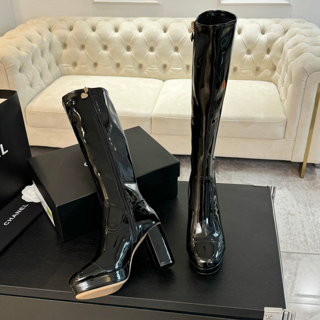CC High Boots 80MM Glossy Black Cowhide