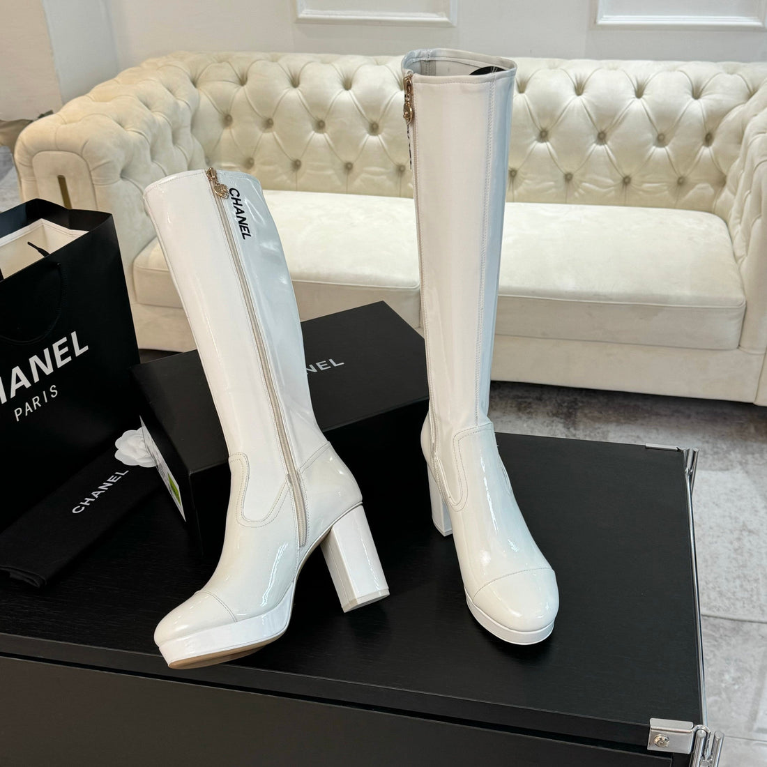 CC High Boots 80MM Glossy White Cowhide