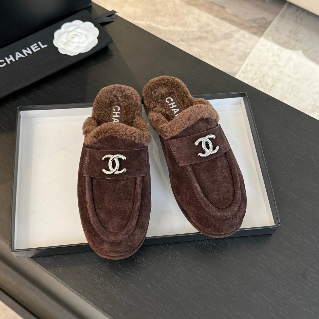 CC Mule Chocolate Suede Lamb Wool