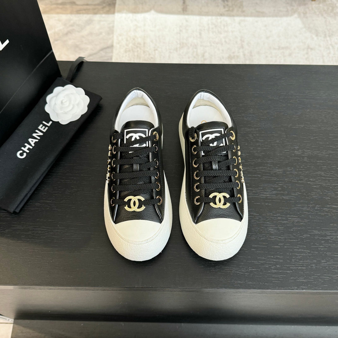 Big-Head Cookie Shoes In Black Mix White Lambskin