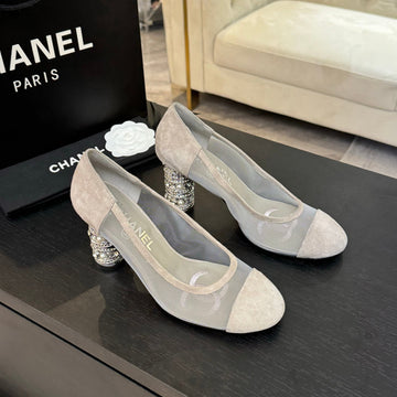 High Heel 85 Mm Sandals In Pale Gray Suede And Mesh