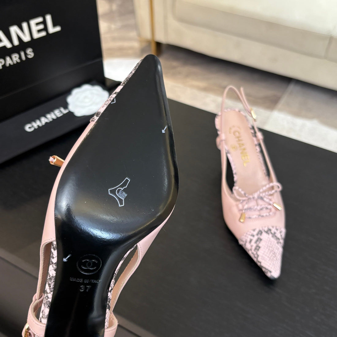 High Heel Slingbacks 65 Mm In Baby Pink With Snakeskin Pattern Lambskin