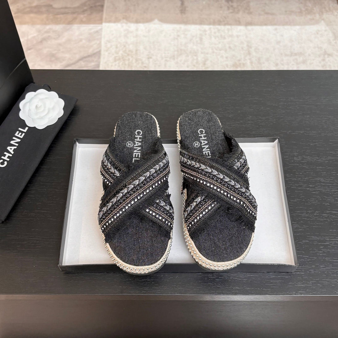 CC 25C Thick-Soled Slipper In Black Denim Space Blue Fabric 213231