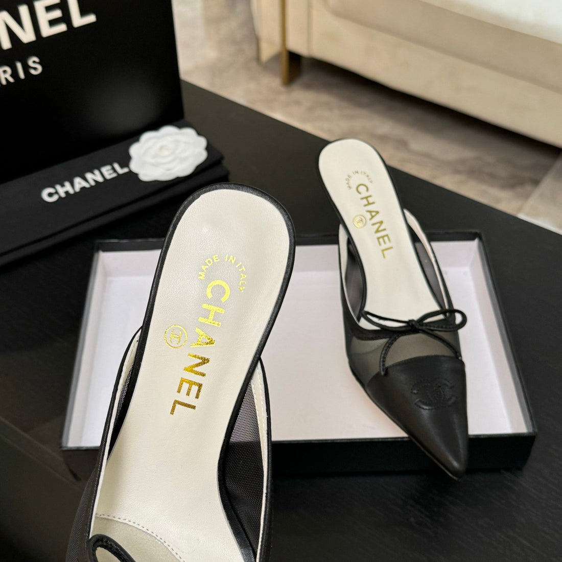 CC 26S Métiers D'art Pointed-Toe Mule Black Mesh Sheepskin 700621