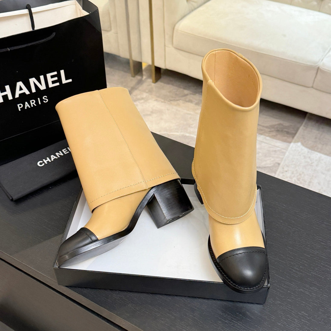 CC 26S Chunky Heel Trouser Ankle Boots Black Beige Sheepskin 673033