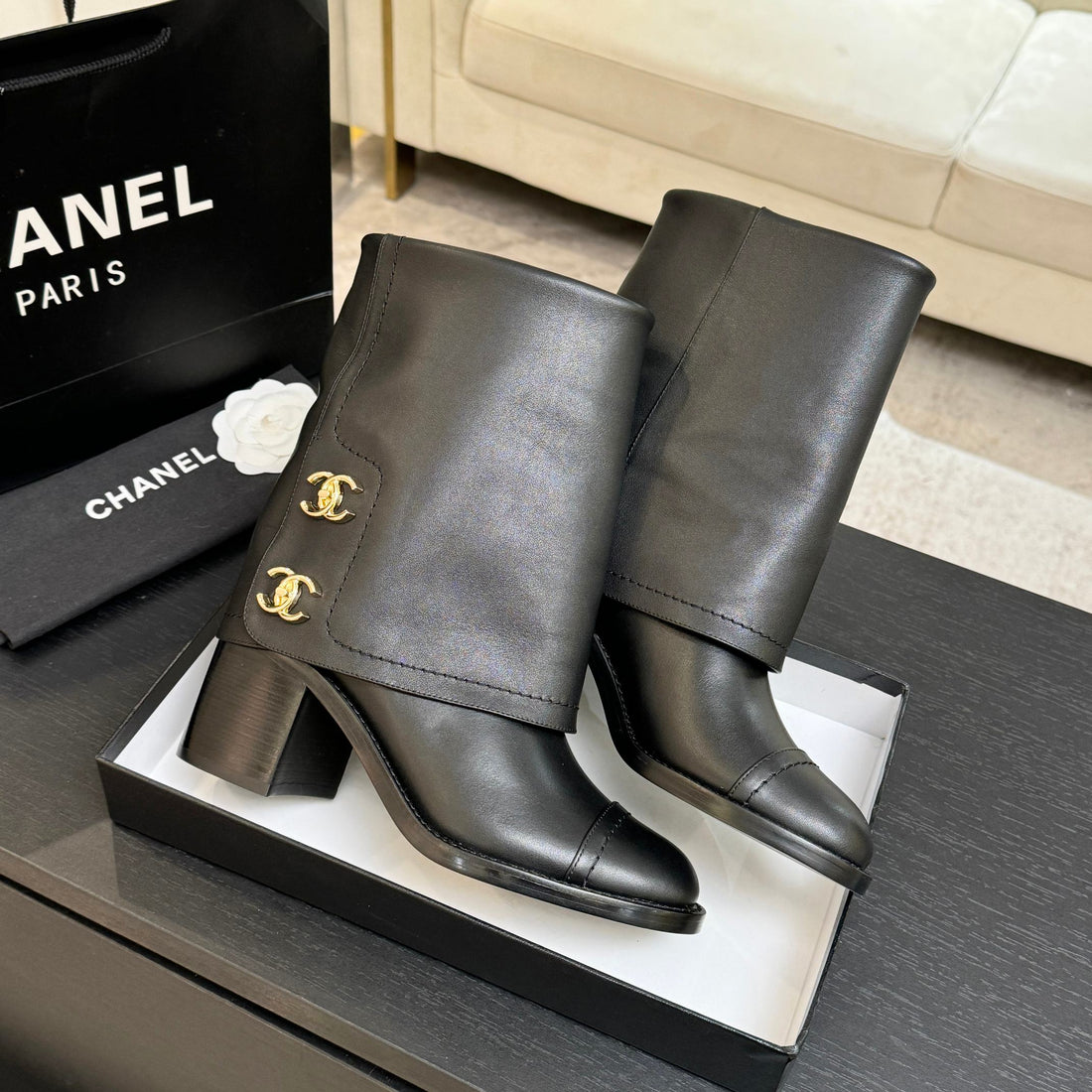 CC 26S Chunky Heel Trouser Ankle Boots Black Sheepskin 673034