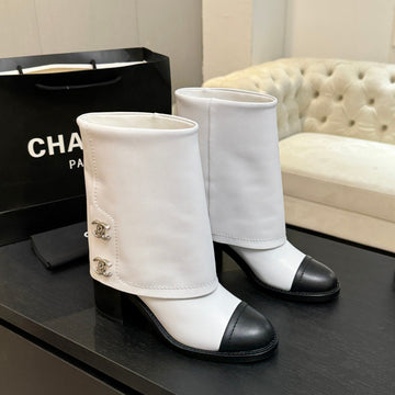CC 26S Chunky Heel Trouser Ankle Boots Black White Sheepskin 673036