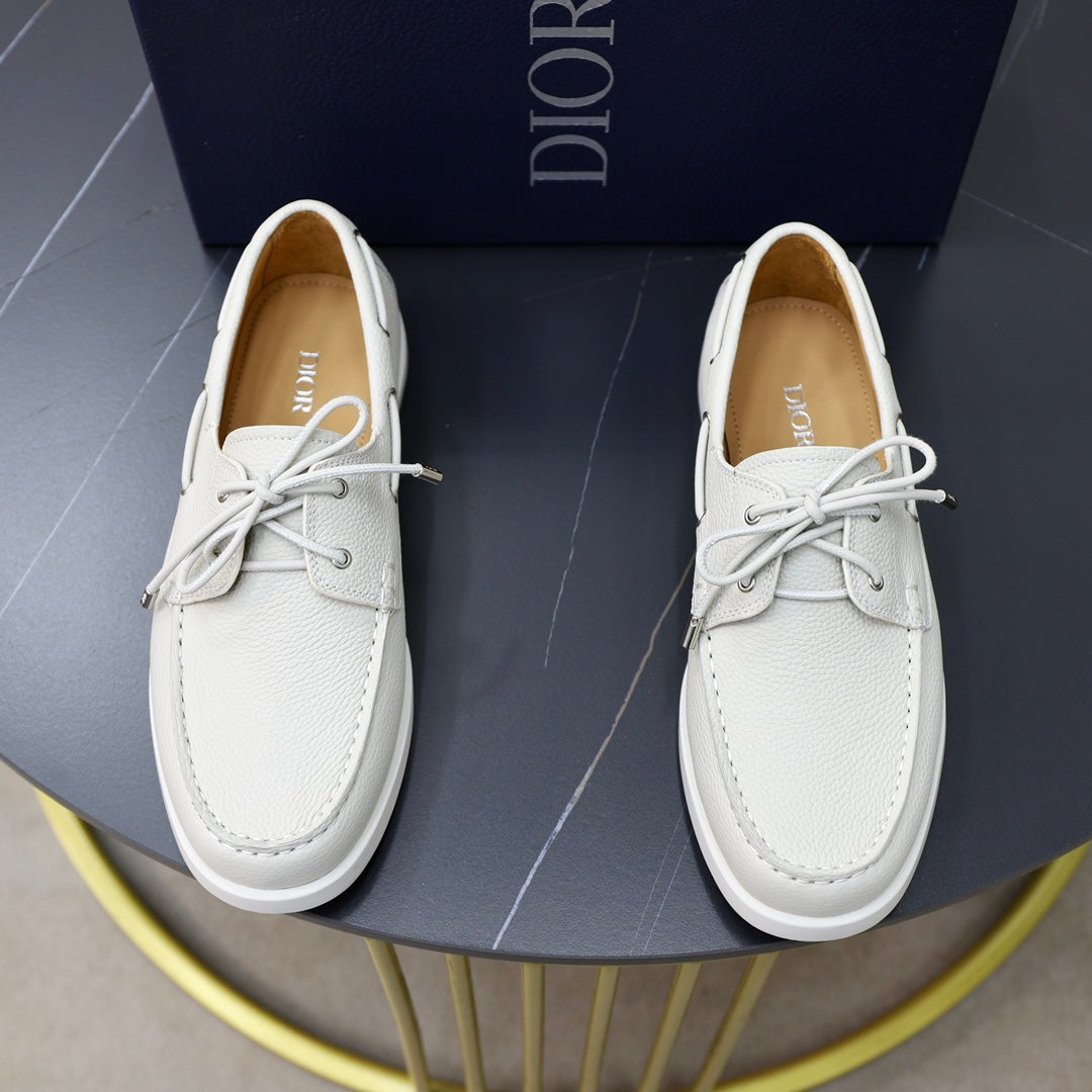 CD Granville Boat Shoe White Grained Calfskin