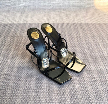 High Mules With Gem In Black Glossy Calfskin