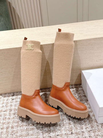 LV Celine Margaret Chelsea Boots Orange Beige Calfskin And Woolen Fabric 532985