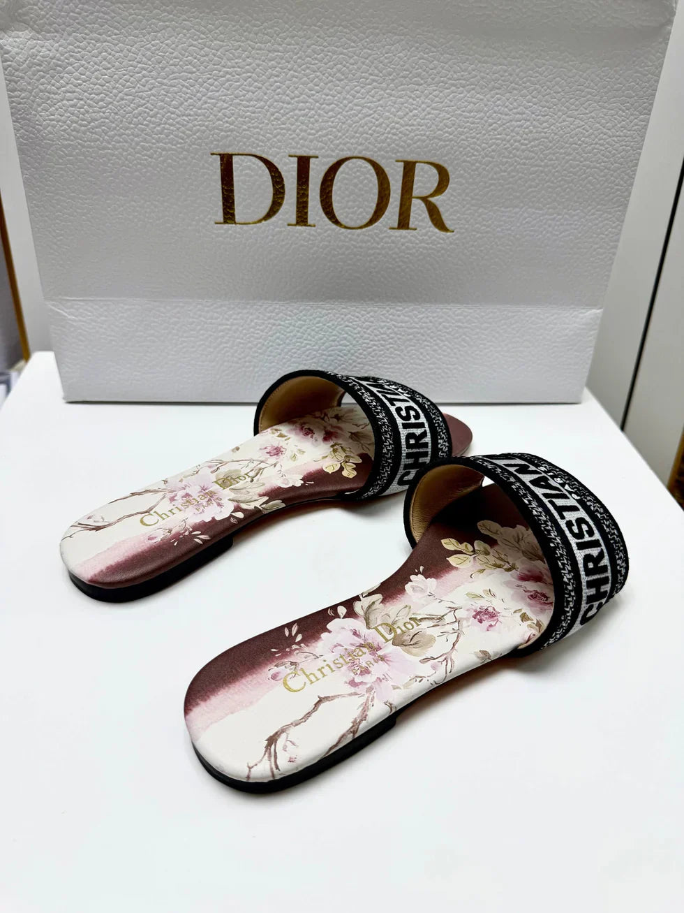 CD 26S Embroidered Sandals Black White Burgundy Canvas Leather 683021