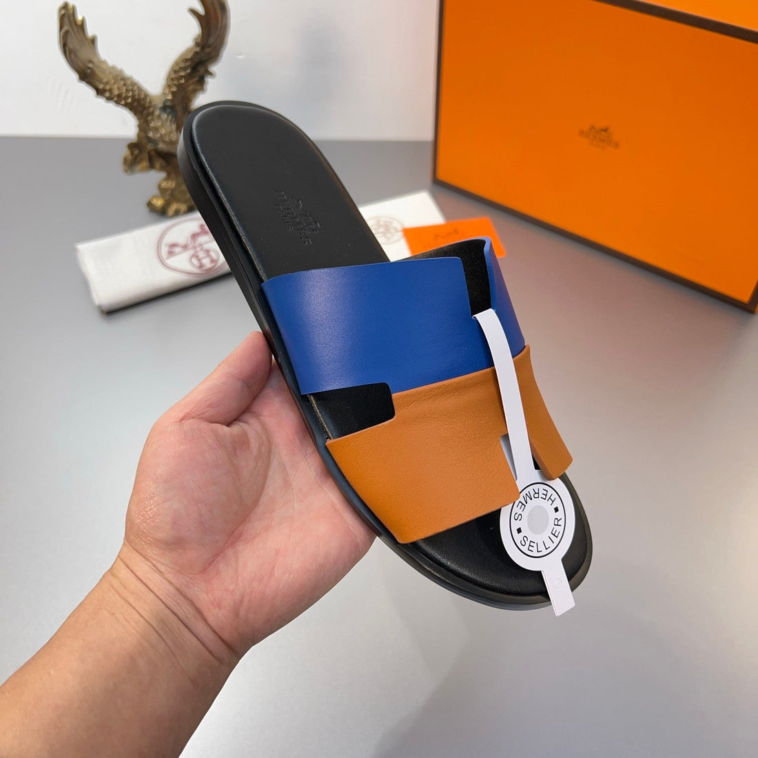 Hm Oran Slippers In Blue And Orange Calfskin 735647