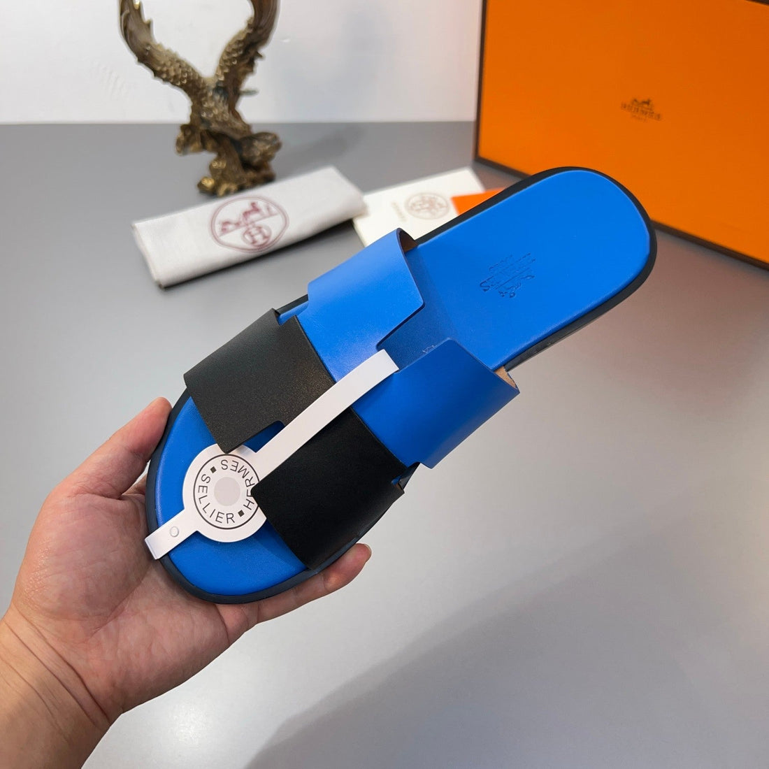 Hm Oran Slippers In Blue And Black Calfskin 735649