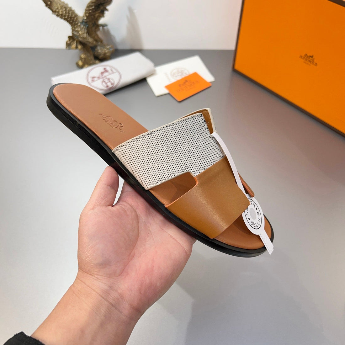 Hm Oran Slippers In Brown And Grey Cowhide Mix Canvas 735632
