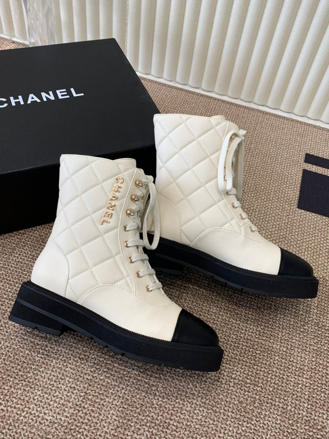 Chanel Electric Show Ankle Boot Cream And Black Leather 507521