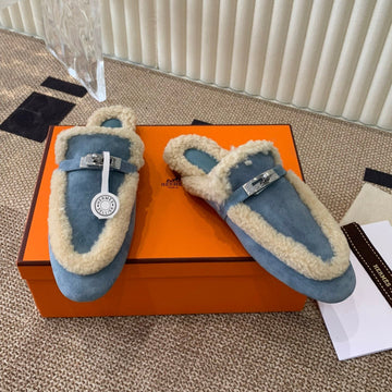 Hm Oz Mule In Dark Pastel Blue Suede Lined With Wool Fleece 113199