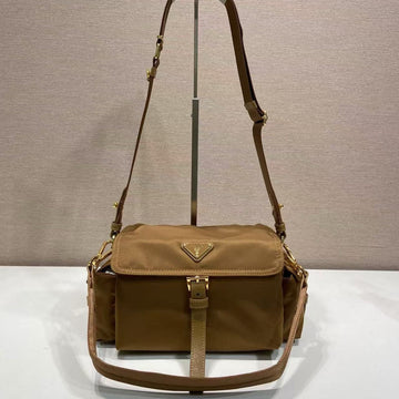 Pra Shoulder Bag Brown Re-Nylon And Saffiano Leather