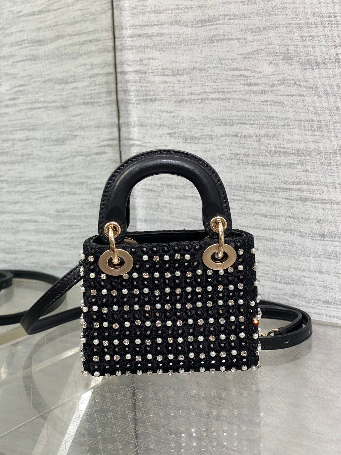 Lady Micro Bag 10CM Black Canvas Diamond Pearl