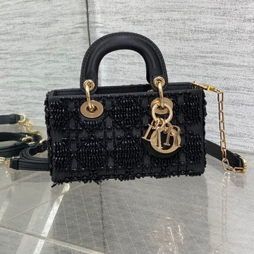 Mini Lady Bag 16 In Black Satin And Calfskin With Beaded Design