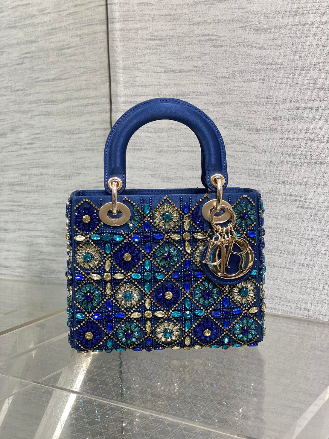 CD Lady Bag 20CM Blue Lambskin Crystal Embellished