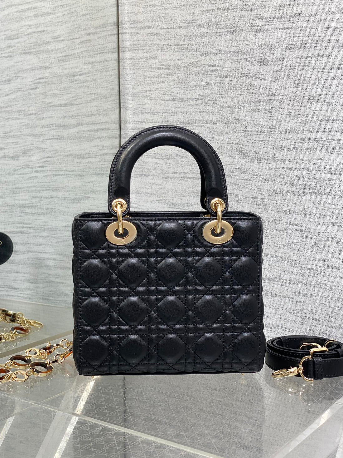 CD Lady Bag 20CM Black Lambskin Brown Charm