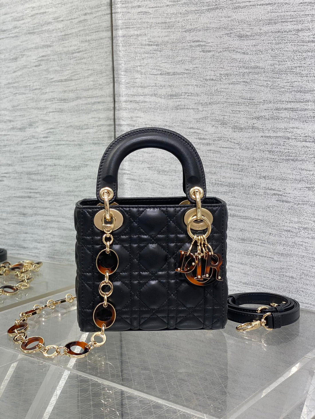 CD Lady 17CM Black Lambskin Brown Charm